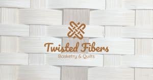 Twisted Fibers logo design on a woven basket