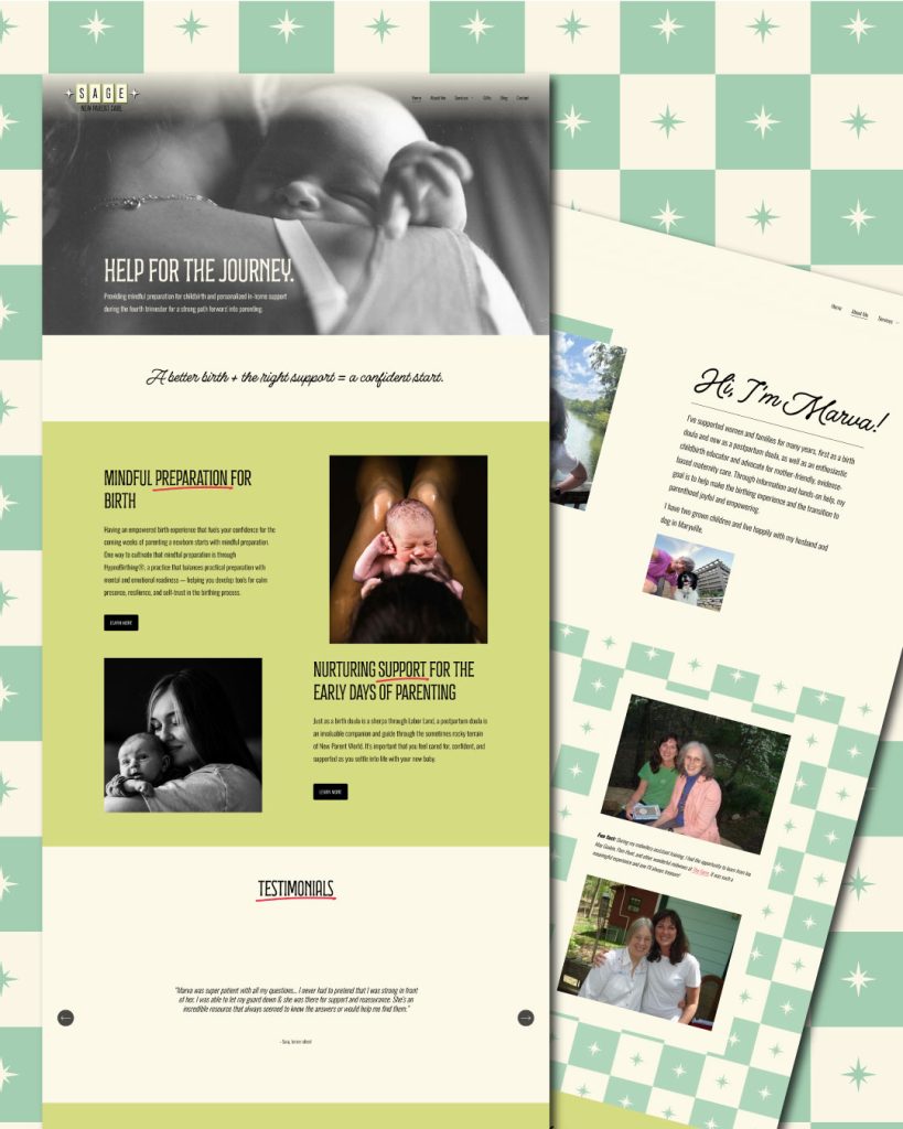 Sage New Parent Care Website Design showcasing two pages from the website