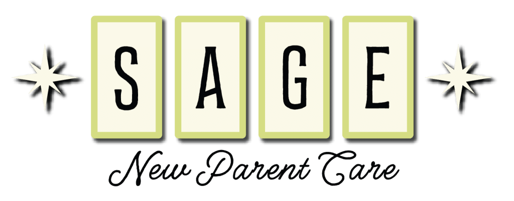 Custom logo design for Sage New Parent Care featuring bold block lettering with decorative star accents and a sage green color palette