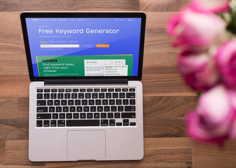 Laptop with Ahrefs keyword generator open, representing small business SEO research in Maryville, Tennessee.