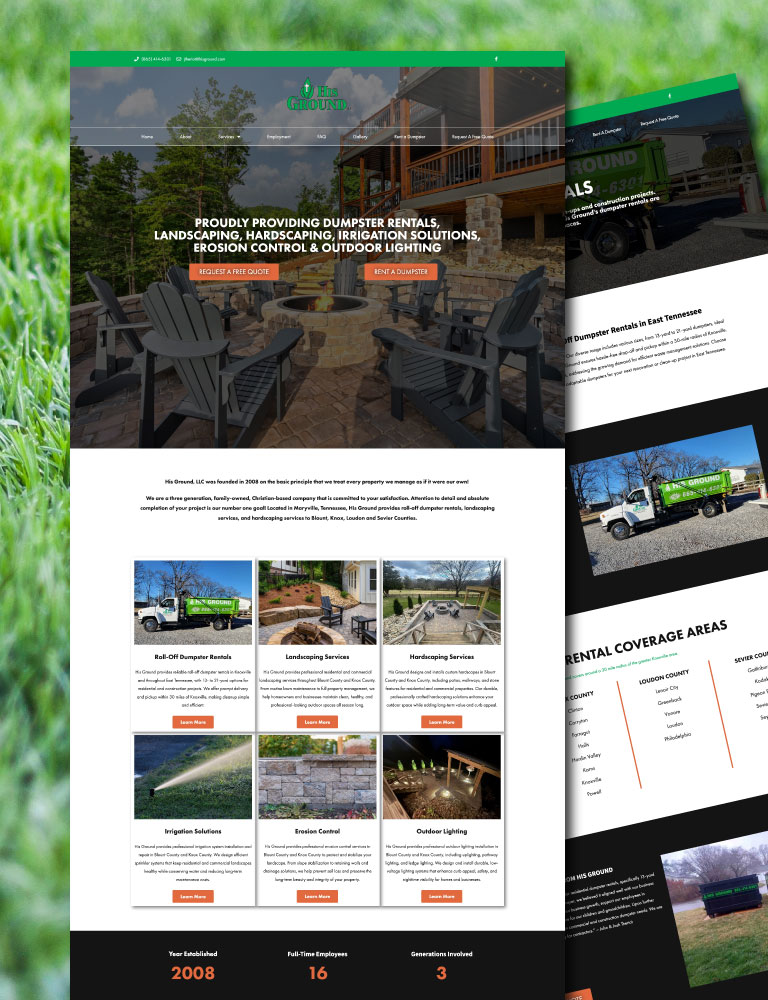 Homepage design for a landscaping and dumpster rental company in East Tennessee built on WordPress with SEO optimization by Wild Heart Design
