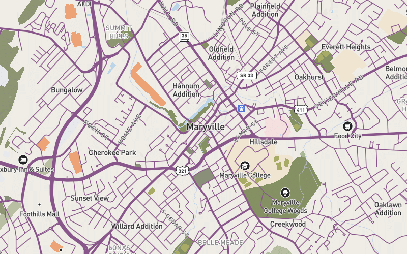 Street map of downtown Maryville, Tennessee in Wild Heart Design's brand colors, showing Highway 411 and surrounding neighborhoods, where the studio is based.