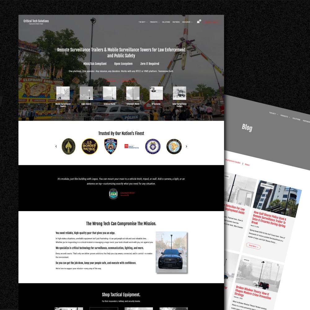 Critical Tech Solutions WordPress website and blog page mockups showing homepage and blog layout