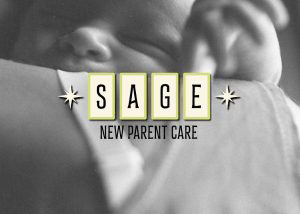 Logo mockup for Sage New Parent Care displayed over a black and white newborn photo featuring bold block lettering with star accents and a sage green color palette