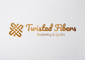 Gold foil logo mockup for Twisted Fibers Basketry and Quilts featuring an interwoven geometric emblem and script typography