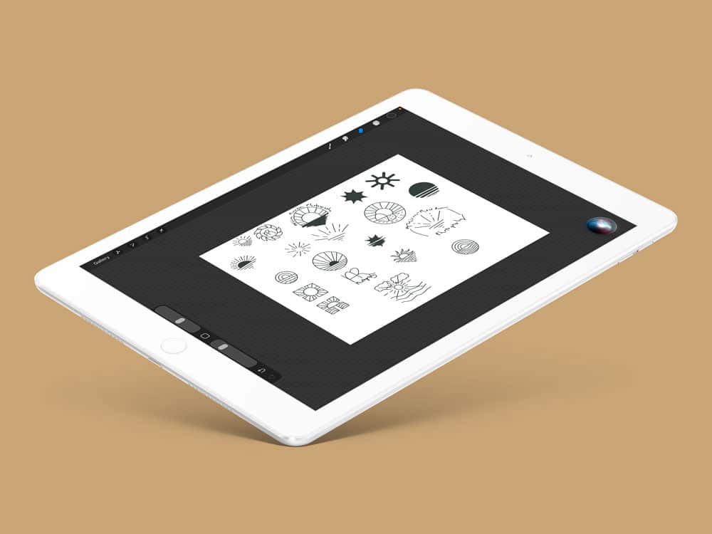iPad screen showing hand-drawn logo concept sketches for a branding project in Procreate