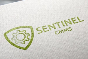 Sentinel CMMS logo mockup with shield and gear icon in green