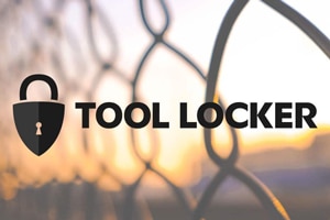 Tool Locker logo mockup with padlock icon over chain link fence background