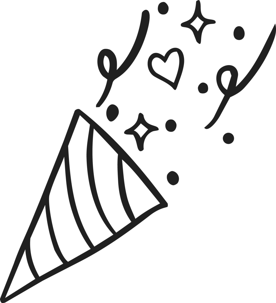 Hand-drawn confetti popper bursting with streamers, dots and a small heart