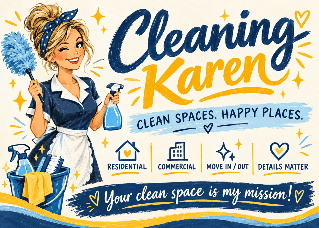 Illustrated poster for a fictional cleaning business called Cleaning Karen, featuring a cartoon mascot holding a duster and spray bottle, with icons for residential, commercial, move in/out, and detail cleaning services