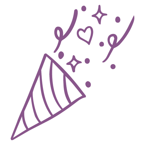 Hand-drawn confetti popper bursting with streamers, dots and a small heart