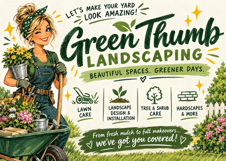 AI-generated retro illustrated poster for fictional landscaping company Green Thumb Landscaping
