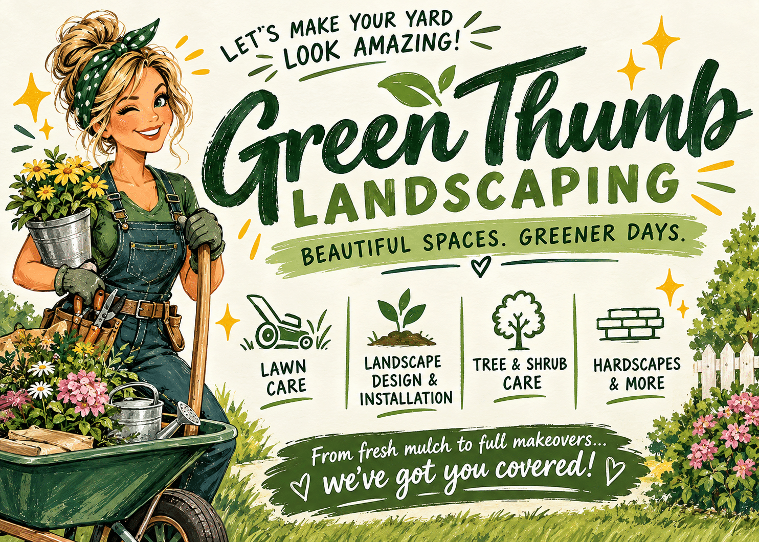 AI-generated retro illustrated poster for fictional landscaping company Green Thumb Landscaping
