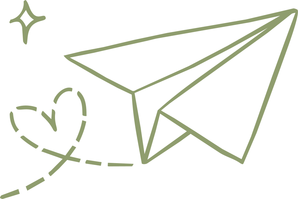 Hand-drawn paper airplane trailing a dashed heart-shaped path