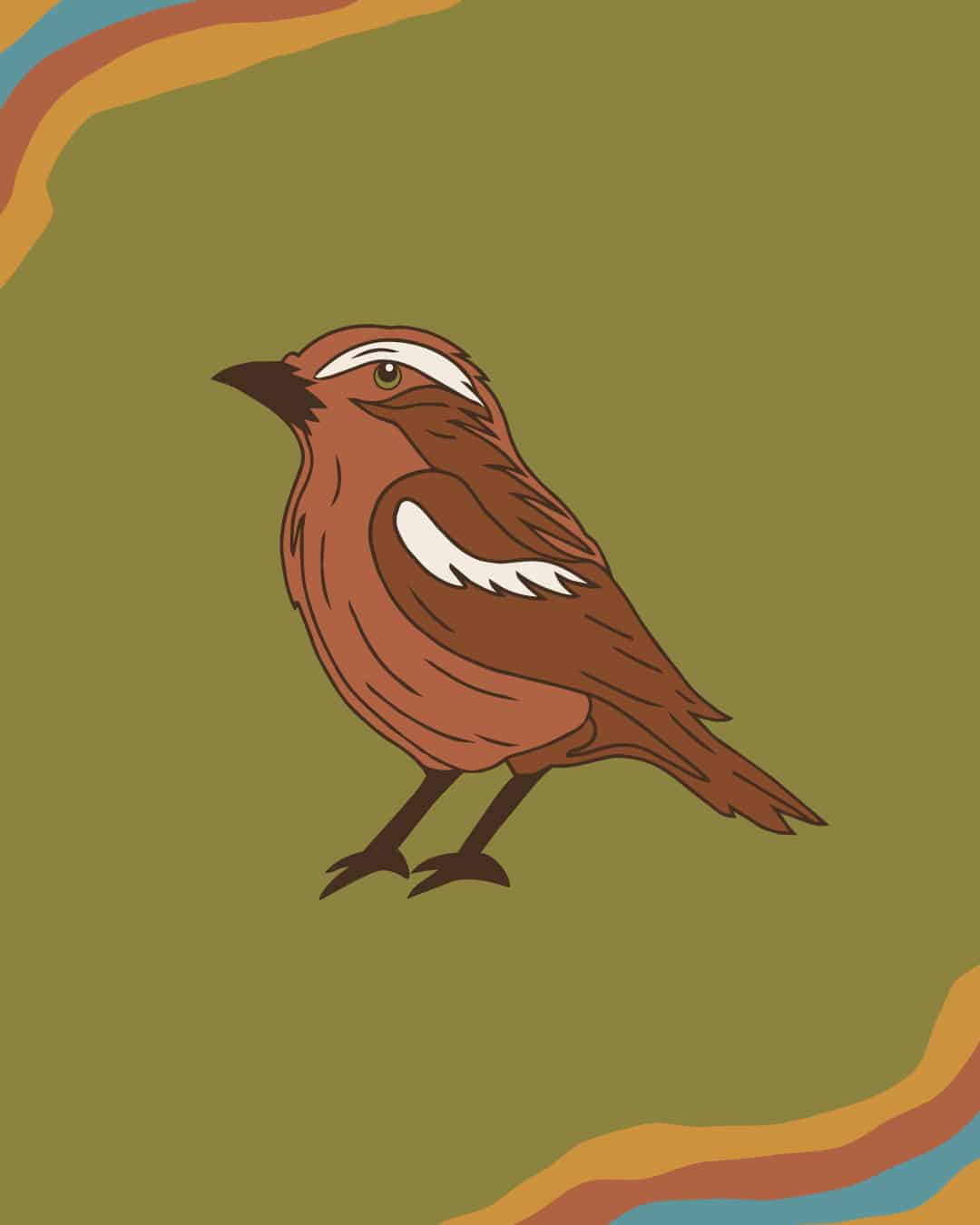 Illustrated northern mockingbird, the Tennessee state bird, on an olive green background with a wavy multicolor border