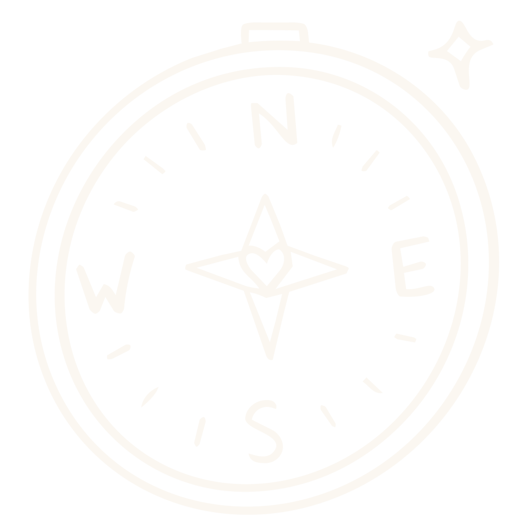 Hand-drawn compass with a heart at the center of the needle