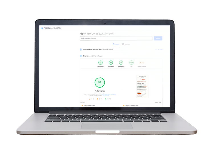 PageSpeed Insights report showing a mobile performance score of 91 for wildheart.design.