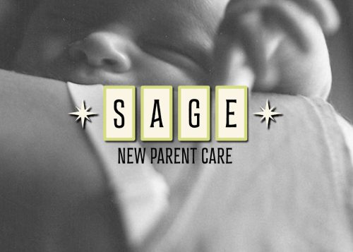 Sage New Parent Care logo and a newborn baby on the shoulder of a mother